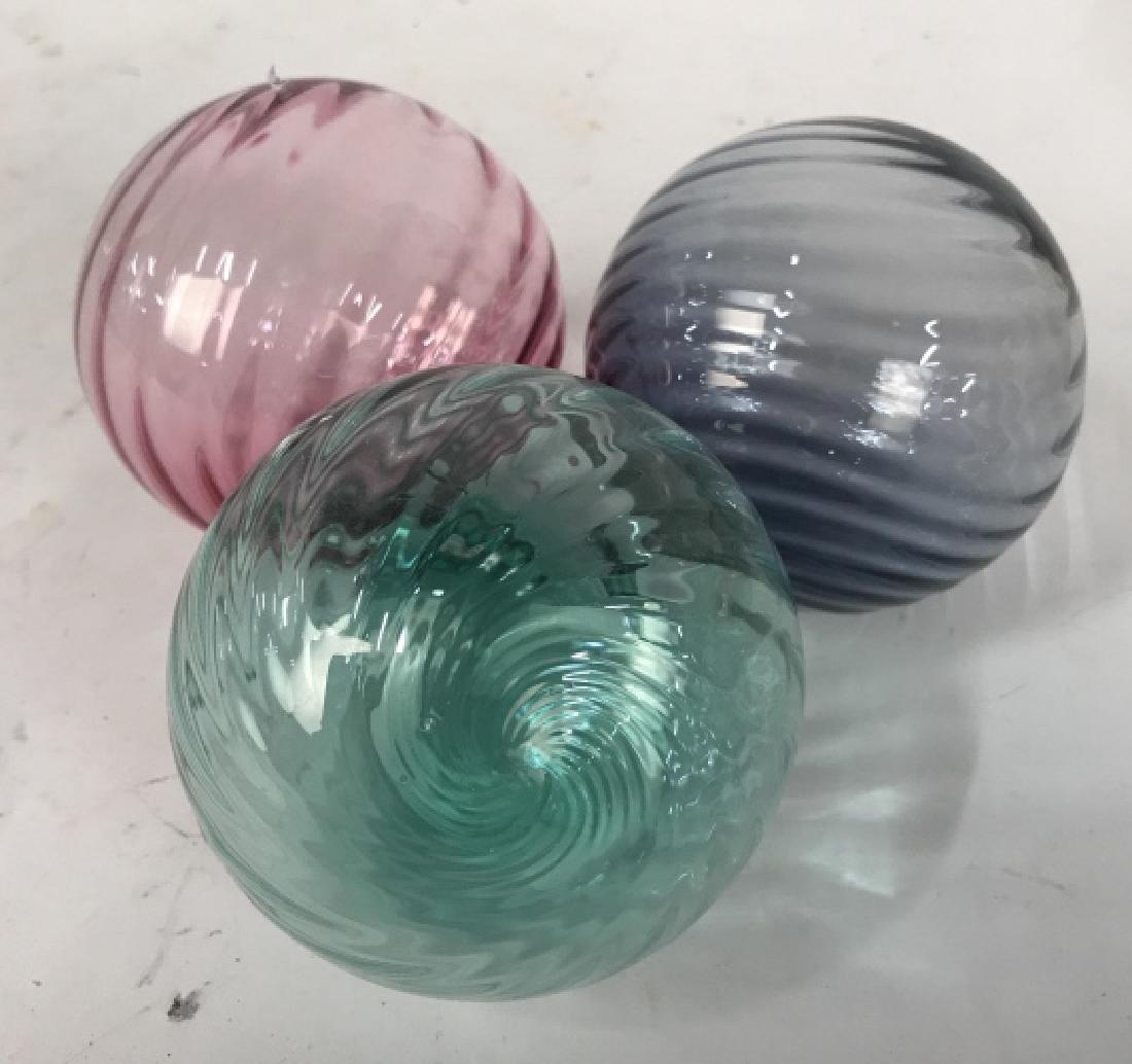 Set 3 Hand Blown Art Glass Orbs: Glass Spheres, balls, colorful swirl glass orbs, table decor, tableware, decorative accessories, pink, teal, sky blue, possibly originally ornaments, one has damage to top loop as photographed . each 