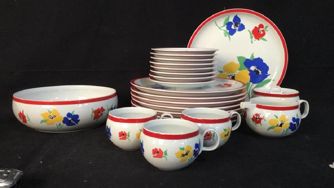 Lot 22 HEARTHSTONE Partial Tea / Dinner Service: Lot 22 HEARTHSTONE Partial Tea / Dinner Service, porcelain with red toned border trim and pop art floral design. Marked on underside HEARTHSTONE Block Vista Alegre Portugal, Anemome. 8 10 in dinner pl