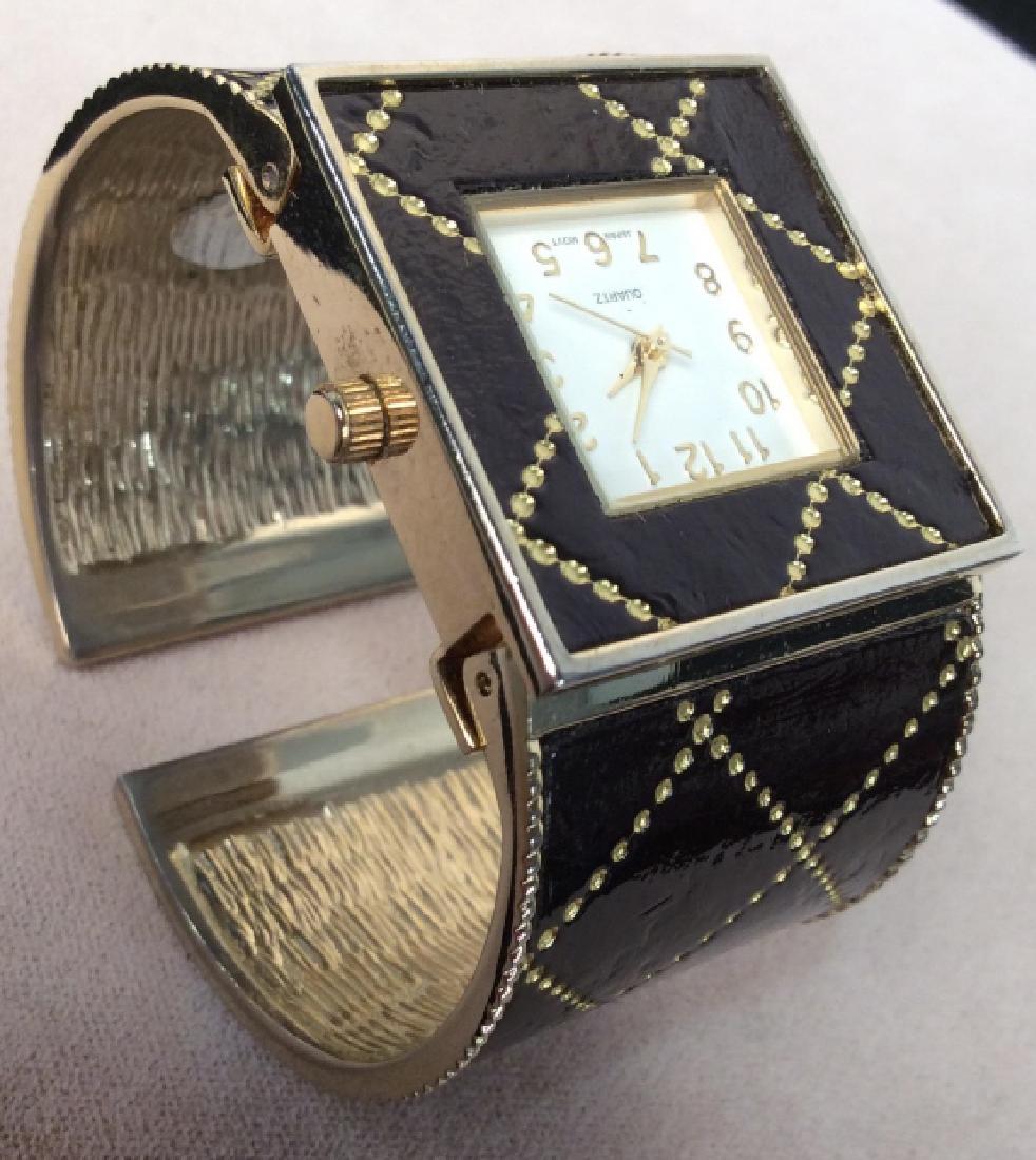 Ladies Chanel Style Cuff Watch: Ladies Chanel Style Cuff Watch, Square face, brown crosshatched design on cuff, 2 1/2 in diameter, Good condition, Cuff Watch, Chanel Style Cuff, Costume, Jewelry Fashion, 5