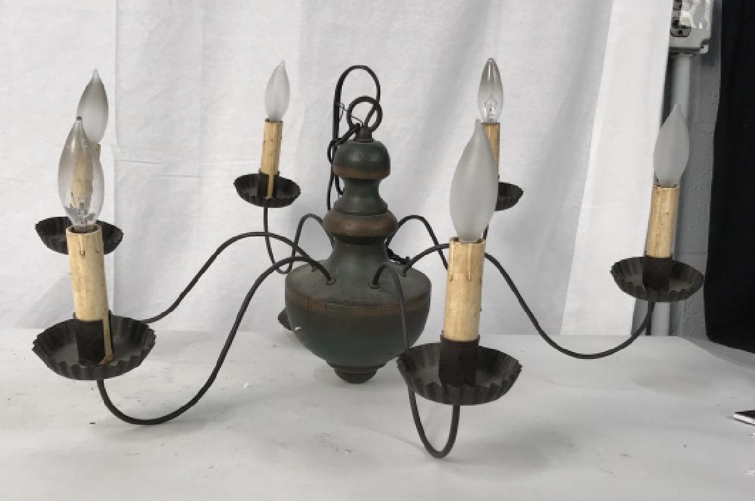 Painted Wood and Metal 6 Arm Chandelier: Ceiling fixture, lighting, chandelier, green toned wood center, scrolled metal arms with light baskets, diameter app 23 inches, chain adjustable drop as shown app 30 inches, home accessory, home accen