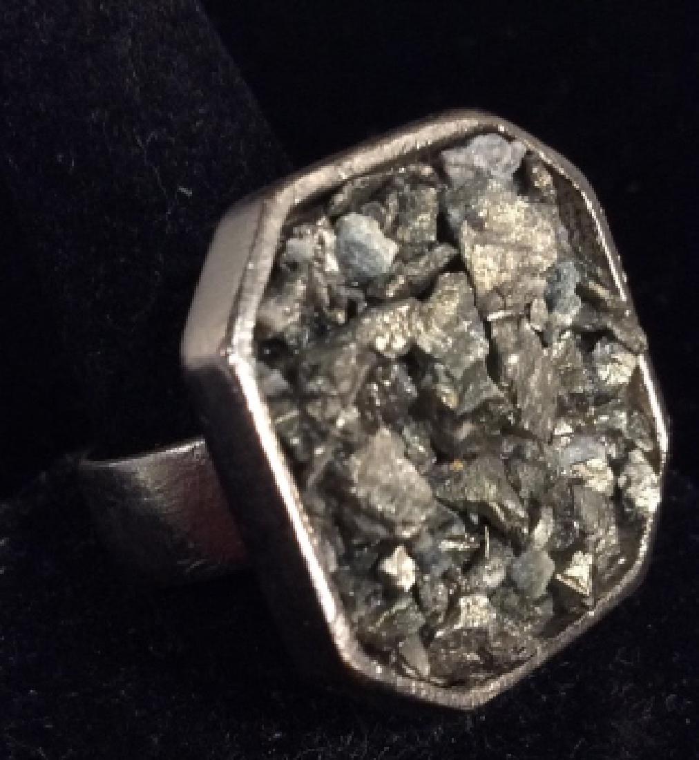 Natural stone Cocktail Statement Ring: Appears to be grey toned mettalic Natural stones, Cocktail Statement Ring silver toned metal band approximate size 8, statement ring, cocktail Ring fashion accessory, women’s costume estate jewelry,