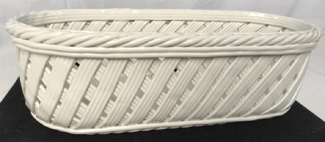 TIFFANY CO Ceramic Basket Weave Cache Pot, Italy: White Ceramic Basket Weave Cache Pot, 4 1/2 x 14 in long, underside reads made in Italy for Tiffany & Co, good condition, Tableware, Kitchenware, Tabletop Deco, Basket weave, Tiffany, Cache Pot, cente