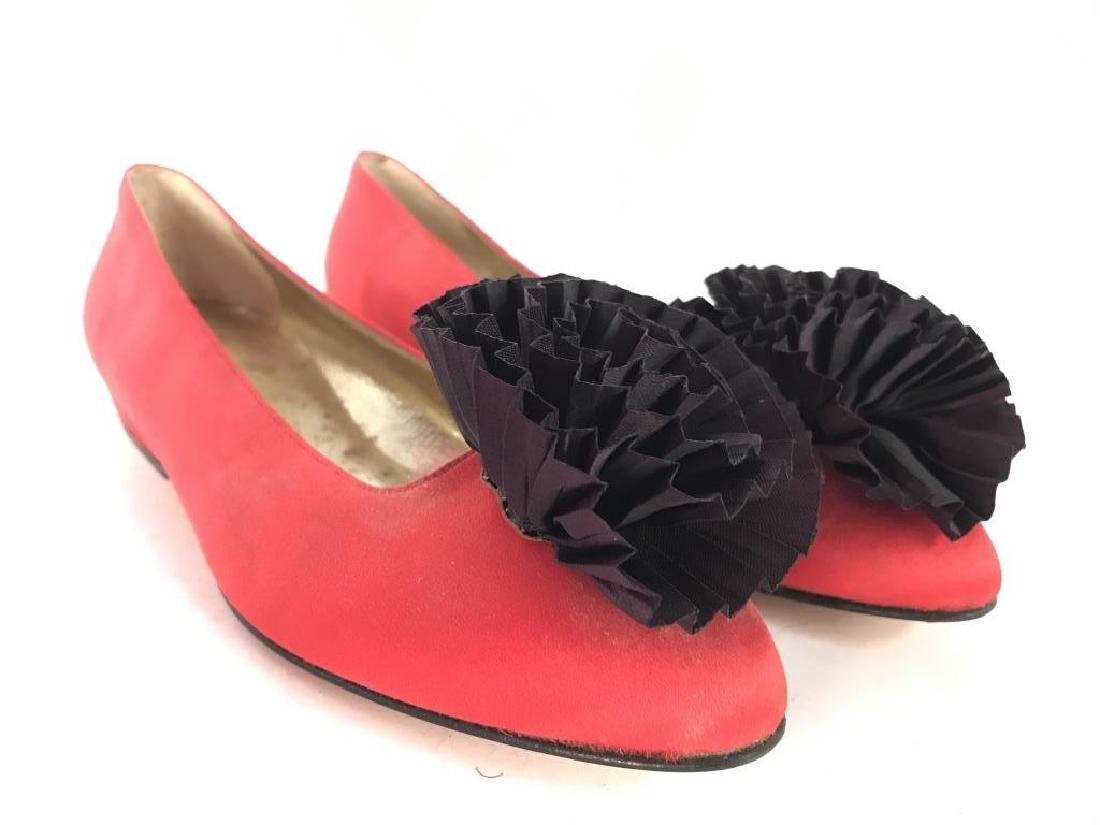 FERRAGAMO Pair Red Toned Italian Women’s Shoes: Underside of shoe reads MADE IN ITALY. Shoes are red toned with purple toned faux floral shoe ornament. Appears to be Size 5B. Needs cleaning. Fashion accessory, shoes, flats, summerware, evening wear