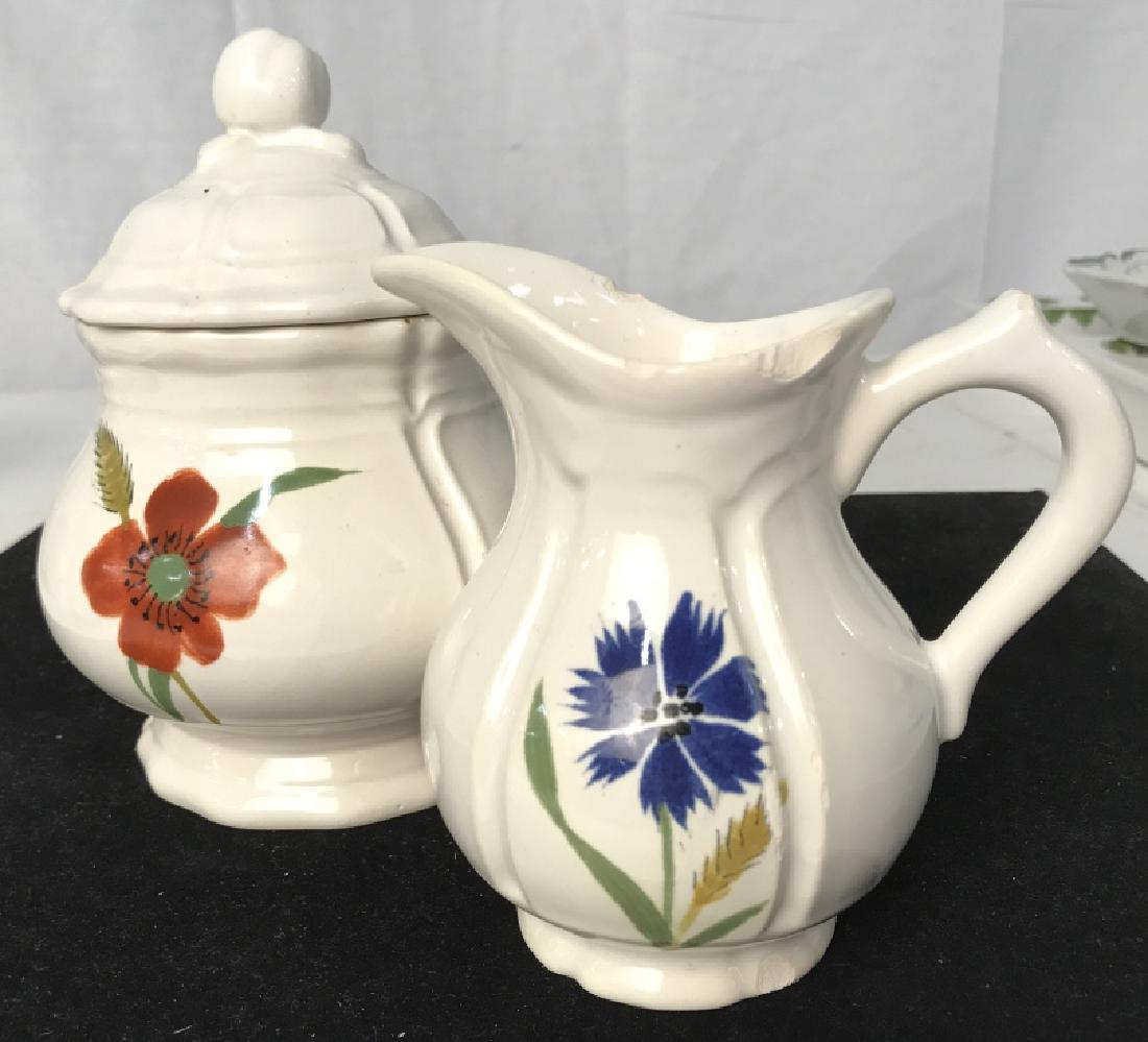 BLOOMINGDALES French Sugar and Creamer Set: Collectible Ceramic Lidded Sugar Bowl and Pitcher, 7 x 5 in, chips on pitcher, underside marked Made in France Exclusively for Bloomingdales, kitchenware, handpainted Tableware, French Porcelain, suga