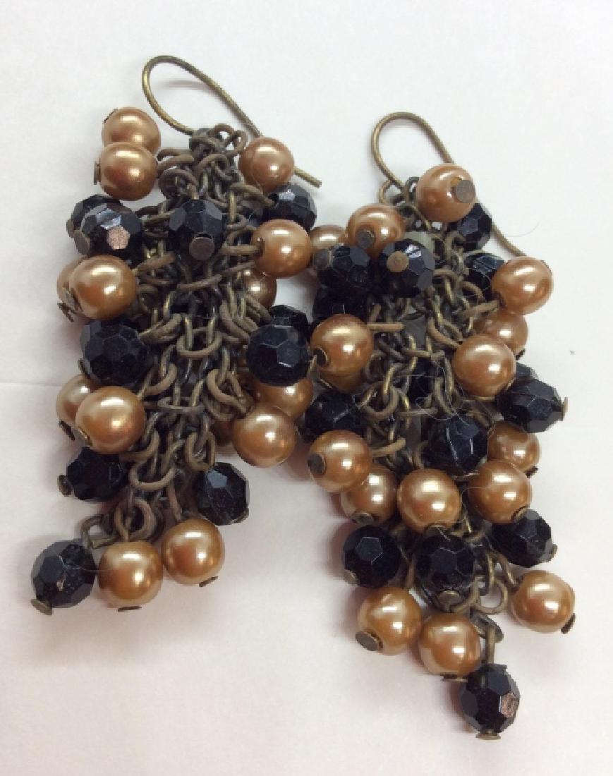 Bead Cluster Statement Earrings: Beaded earrings, pierced earrings with black faceted composite material beads, and metallic toned pearl style beads, measures approx 1 1/2 in long, fashion accessory, wearable, women’s vintage costu