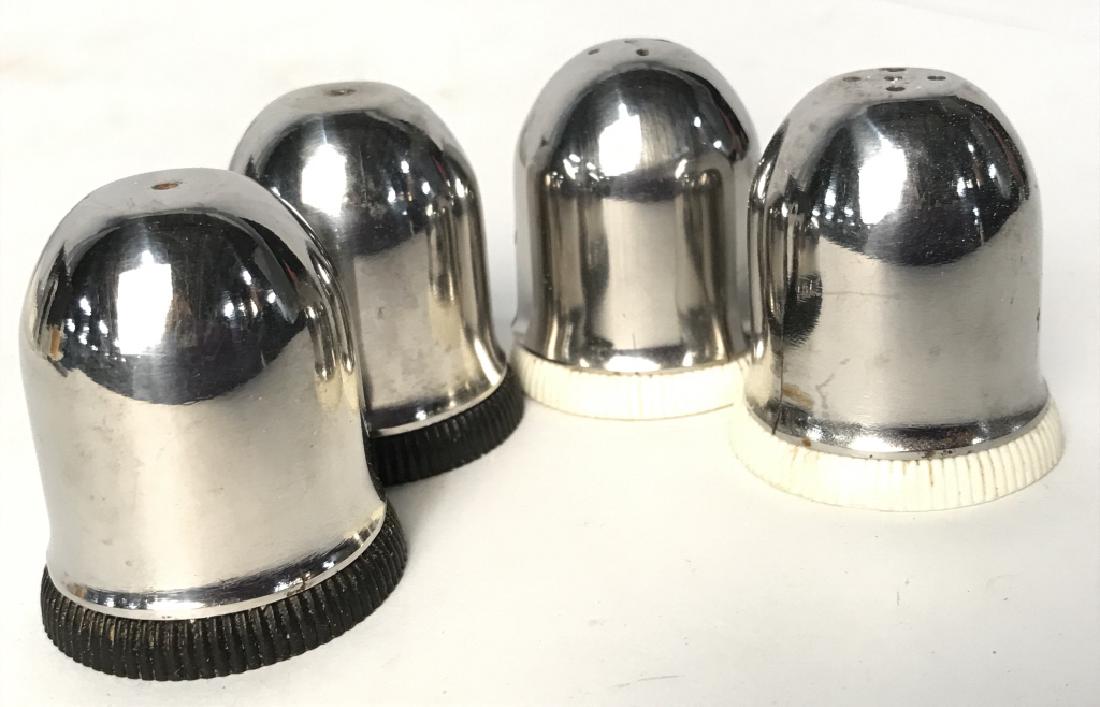 2 Sets Stainless Style Salts / Pepper Shakers: Shakers, 2 Sets of Salts and Pepper Shakers,Each measures 2in x 1 in, stainless style Metal, no manufacturers mark, Good condition, Tableware, Salt and Pepper, Table Utensils, tableware Silver toned T