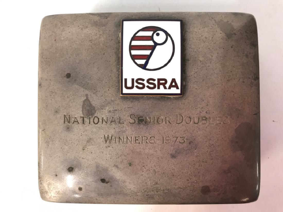 Sterling Silver & Wood Monogrammed Keepsake Box: Piece is vintage. Reads USSRA NATIONAL SENIOR DOUBLES WINNERS 1973. Underside reads STERLING. Measures approx 4 inches long 3 inches deep, 1.5 inches tall. decorative tableware, desk top accessory tab