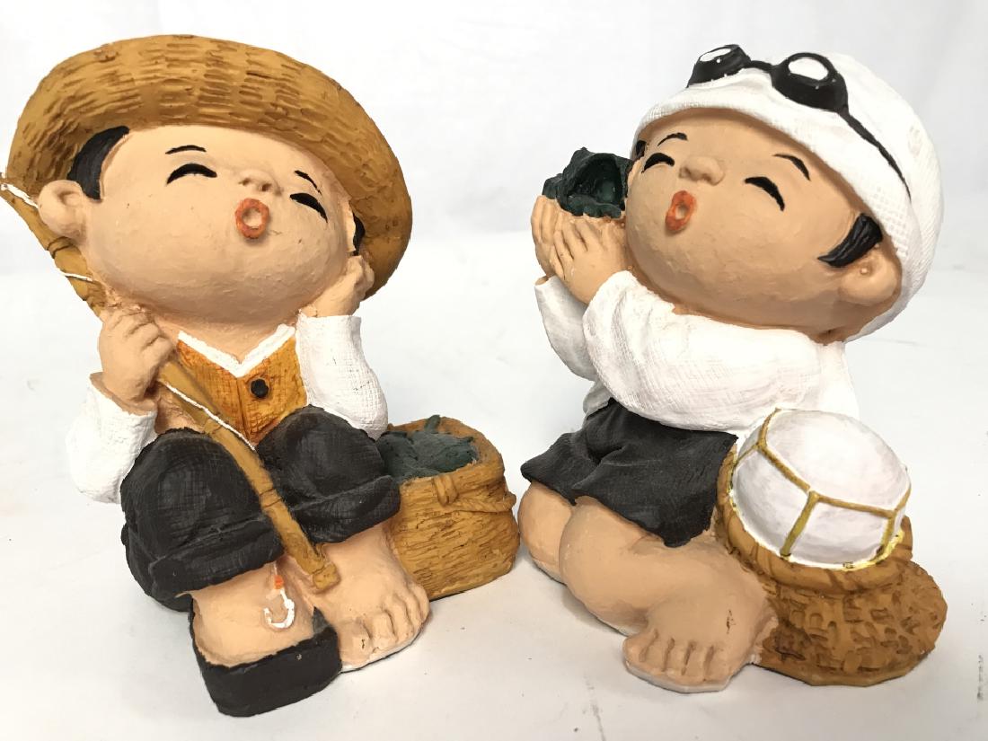 Pair Asian Ceramic Children Figures: Pair Asian Ceramic Children Figures, each measures 6 x 3 in, marked underside sticker reads made in Korea, sides of each figure read Je Ju Korea, Asian Style Ceramics, Korean Ceramics, Child Figures, 