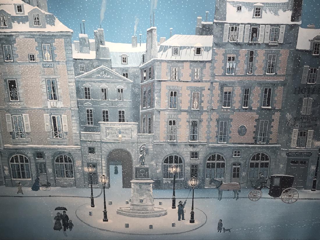 Framed Michel Delacroix Poster Print: Framed Michel Delacroix poster print depicting Paris scene in the snow. Poster is double matted and in blue tone wood frame. There is moderate surface wear of matting and frame, might need reframing. 