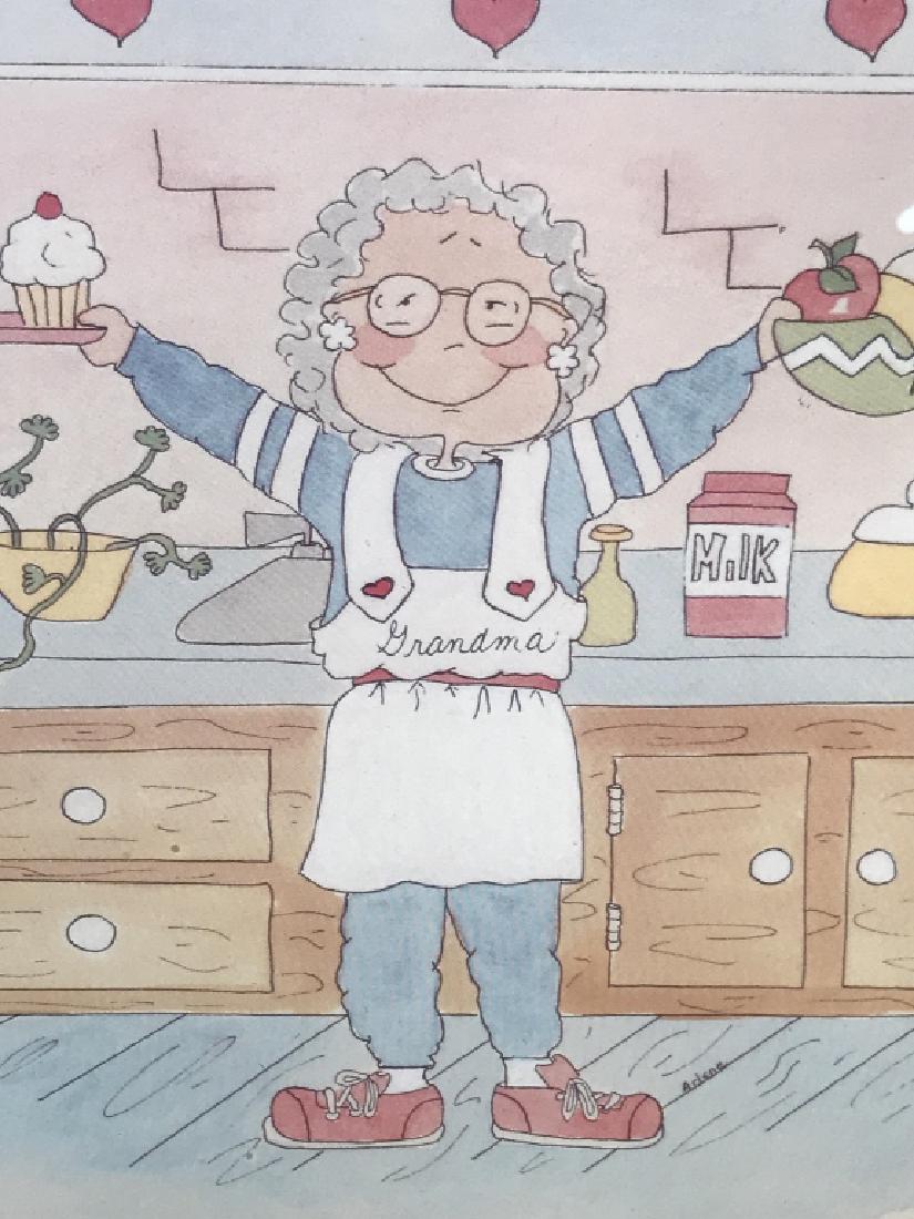 Framed Print of Grandma Appreciation Cartoon: Framed print of grandma appreciation cartoon. Cartoon depicts a grandma, along with type that reads ‘If Mother says No...Ask Grandma!’ Print is double matted and set in light tone wood frame. Meas