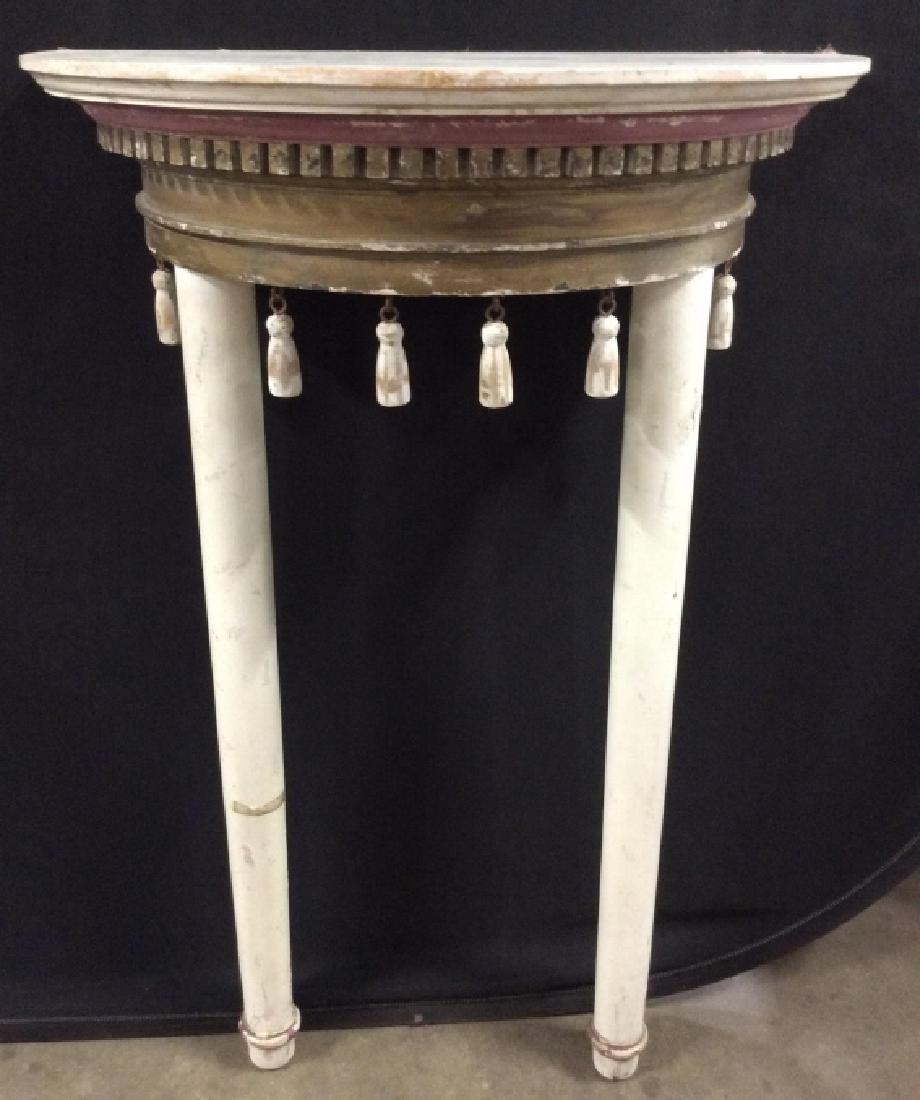 Vintage Painted Wood Demilune / Entryway Table: Vintage poss Antique Painted Wood Demilune / Entryway Table. Measures approx 38 in by 25 in by 14 in. With Hangings wood tassel peg details, weathered paint design, country chic design, some wear to p