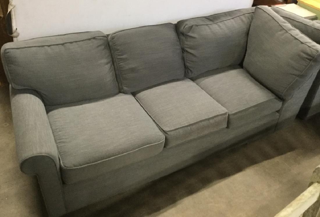 Country Willow Grey Upholstered Sectional Couch: Country Willow Grey Toned Sectional Sofa That comes in 3 Sections, wear to areas of fabric, needs cleaning. Measures across longest part approx 90 inches in width by 40 inches in depth by 31 inches in