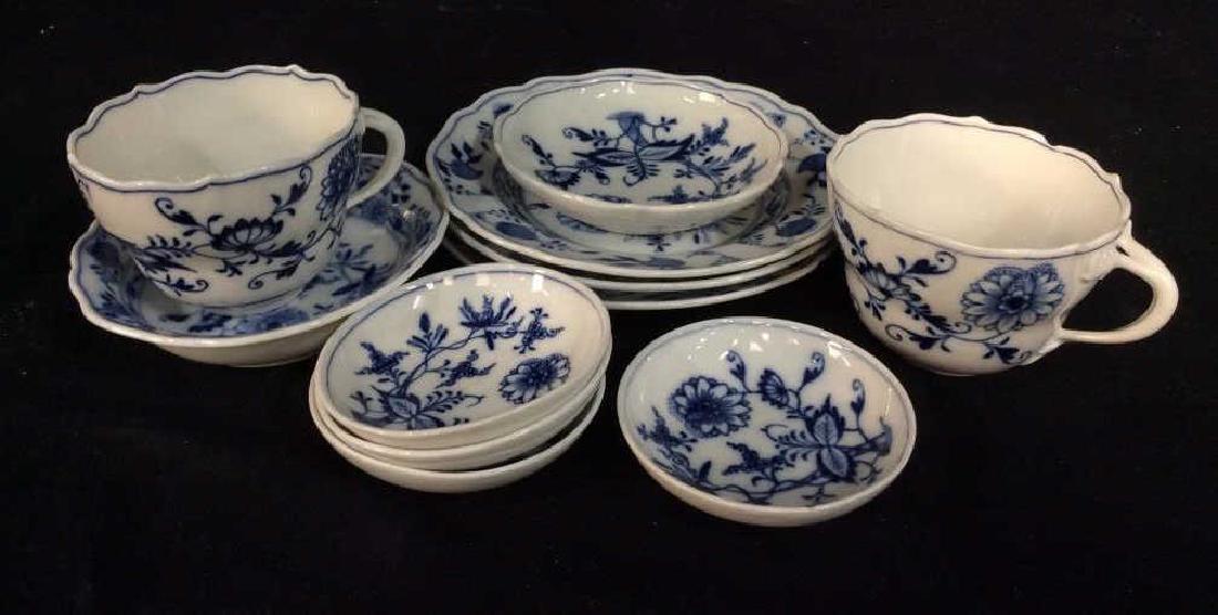 Meissen Partial Set Cups Saucers Plates: Blue and white porcelain marked for Meissen larger plate measures app diameter 6 inches set three, two cups, 4 sauce dishes, two trinket dishes, tea service, tea coffee set, tableware