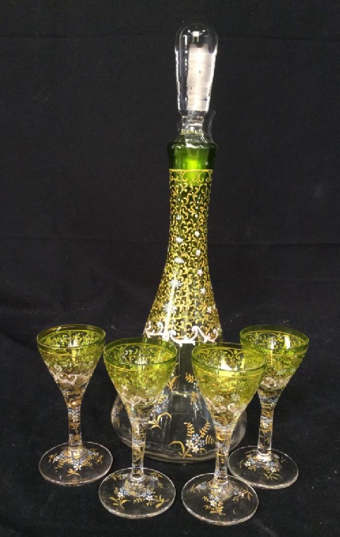 Painted Gold on Glass Decanter Glass Set: Decanter Set, Cordial Set Bar ware, table ware, vintage possibly antique Cordial Set Of intricately Painted Scroll swirl pattern set includes Decanter measures ht 12 inches, with 4 glasses app ht 4 in