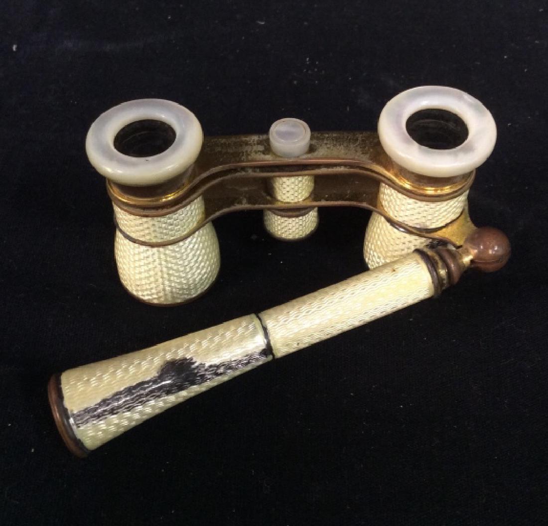 Berlin, E Petite Piette Antique Opera Glasses: Brass glass enamel porcelain Opera Glasses with foldable Handle, Marked for Berlin, Marked E Petite Piette, Handle measures app 5 inches, length 3.5 inches, opera glasses opera binoculars, collectible