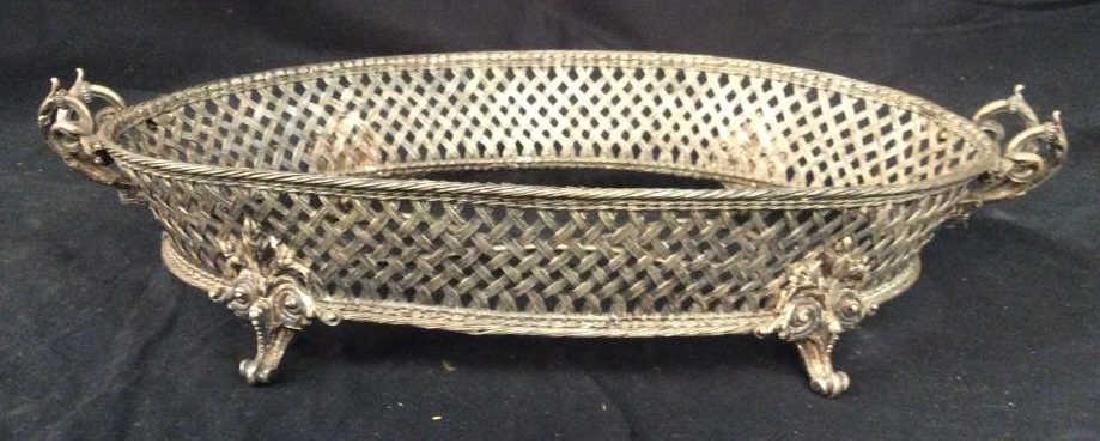 Footed Metal Latticed Serving Vessel: Metal Tableware, vintage possibly antique, serving vessel surround, measures ht 4.5 inches length app 21 inches, width app 27 inches, table ware, table accessory, up cycle as plant display, home accen