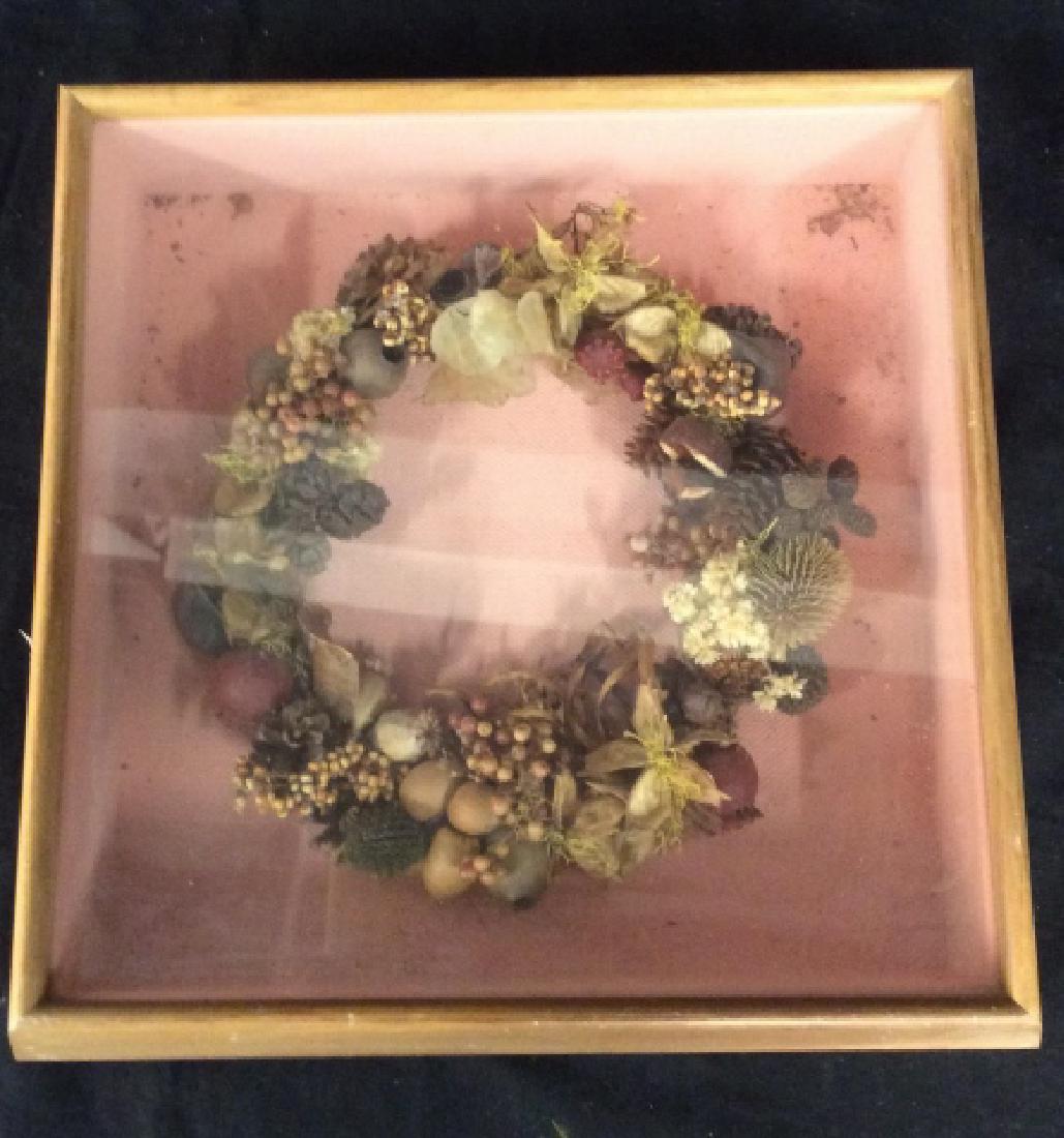Vintage Fall Wreath in Shadow Box: Arts and crafts, shadow box framed dried floral and pine cone wreath, possibly antique, measures 13.5 inches square, depth 3.5 inches, home accent, vintage home accessory, wall art, shadow box display
