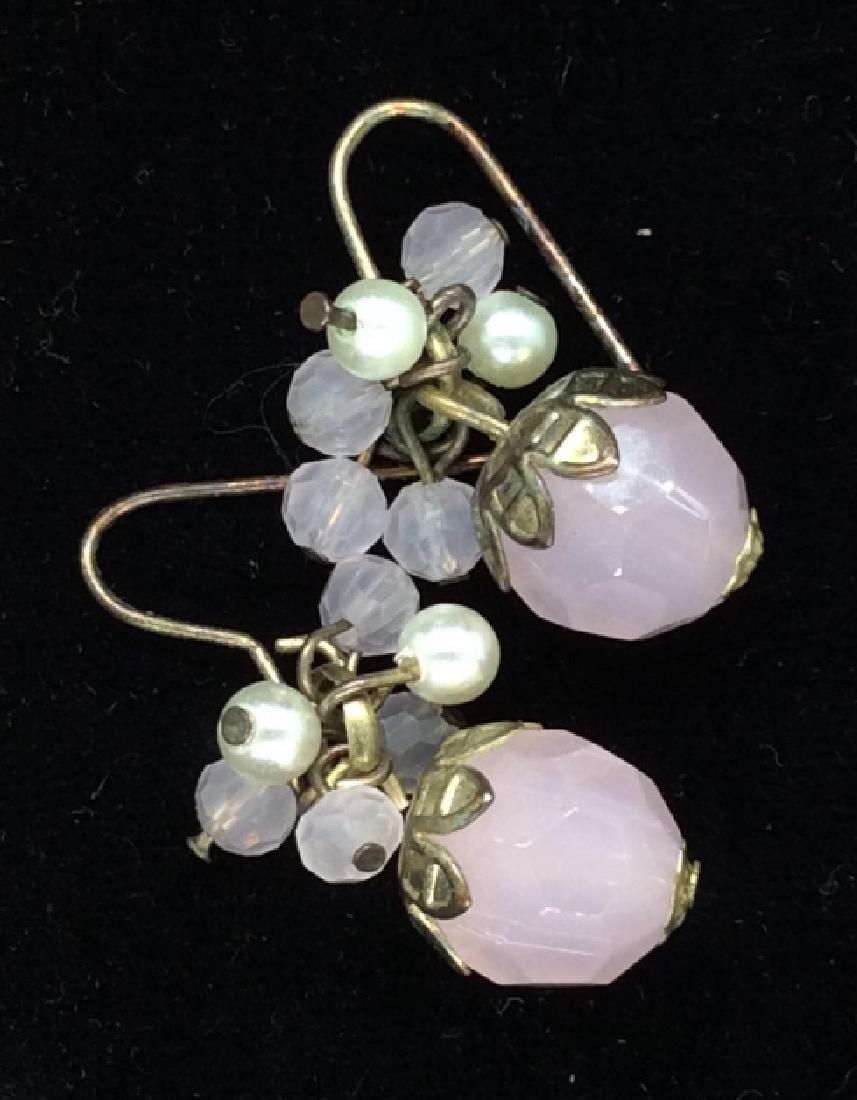 Pink Toned Drop Earrings: Pink toned composite material beads in the shape of faceted crystals, with smaller bead and pearl style details bead cluster, measures approx 1 in, women’s fashion accessories, women’s costume est