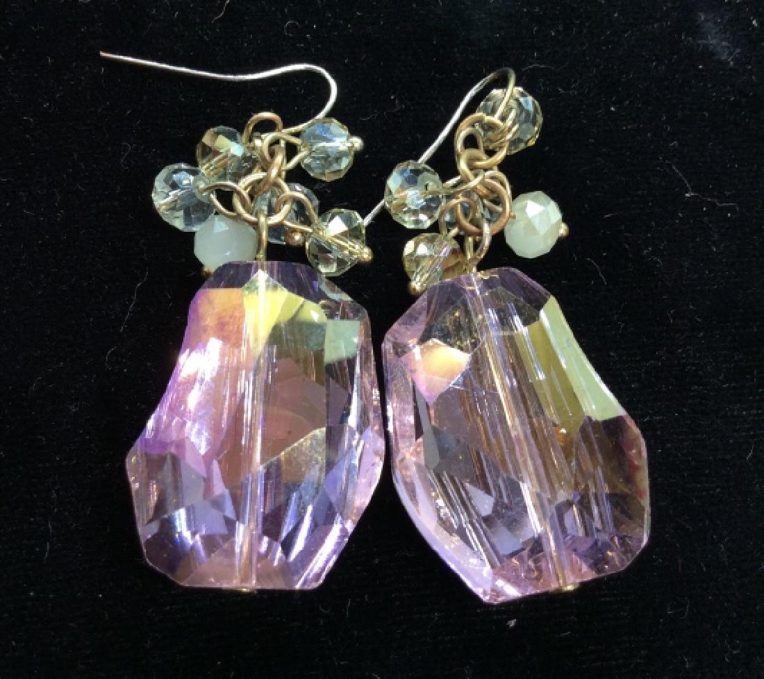 Pink Toned Crystal Style Earrings: Pink Toned Drop Earrings Pink toned composite material beads in the shape of faceted crystals, with smaller bead and pearl style details bead cluster, measures approx 2 in, women’s fashion accessori