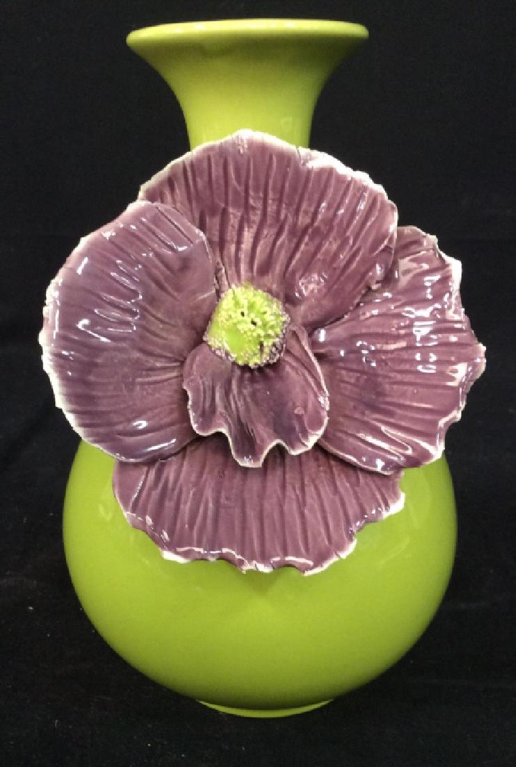 Asian Lime Green Violet Porcelain Vase: Made in China lime green vase with oversized violet tone floral bloom standing proud, asian Decorative accessory, arts and Crafts ht app 9 inches, vase, vessel, tableware, home accents ceramic art pot