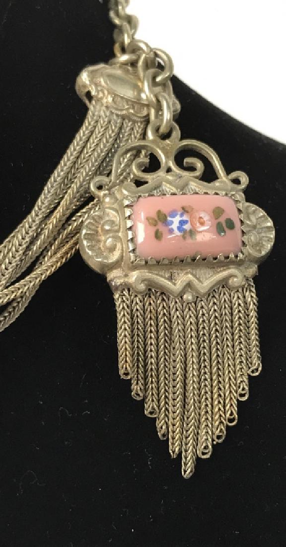 Victorian Style Painted Pink Bead Choker Necklace: Victorian Style Painted Pink Bead Choker Necklace, 14 in, expandable, comprised of multi strands of silver toned Metal, good condition, Victorian Style Jewelry, Choker, Necklace, Glass Beads, unique j