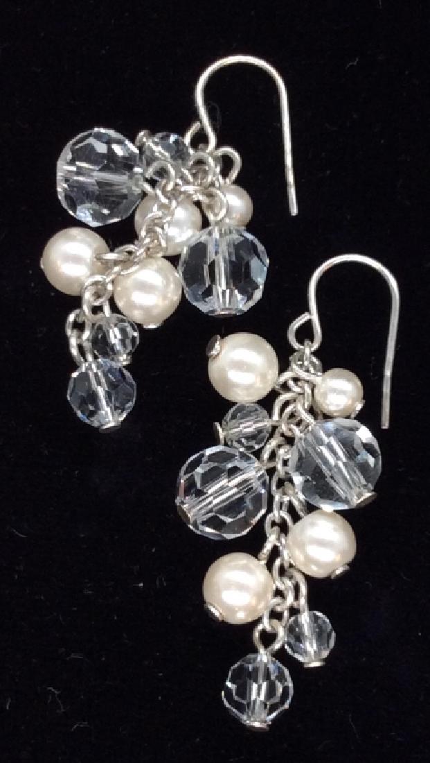 Clear Crystal Style Beaded Earrings: White toned composite material beads in the shape of faceted crystals, with smaller bead and pearl style details bead cluster, measures approx 1 in, women’s fashion accessories, women’s costume es