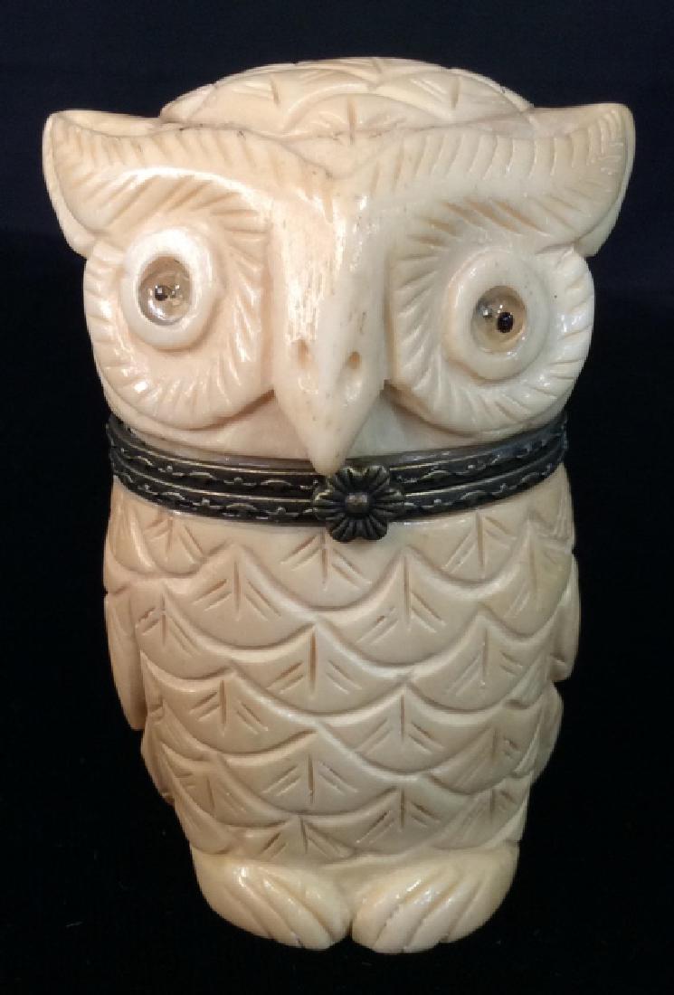 Carved Bone Owl Box: Carved Bone Trinket Box / Pill Box in form of owl, with decorative eyes, dark toned metal fixture. Pill box, carved Bone, tabletop accessory, home accent, shelf piece, vanity accessory. Measures appro