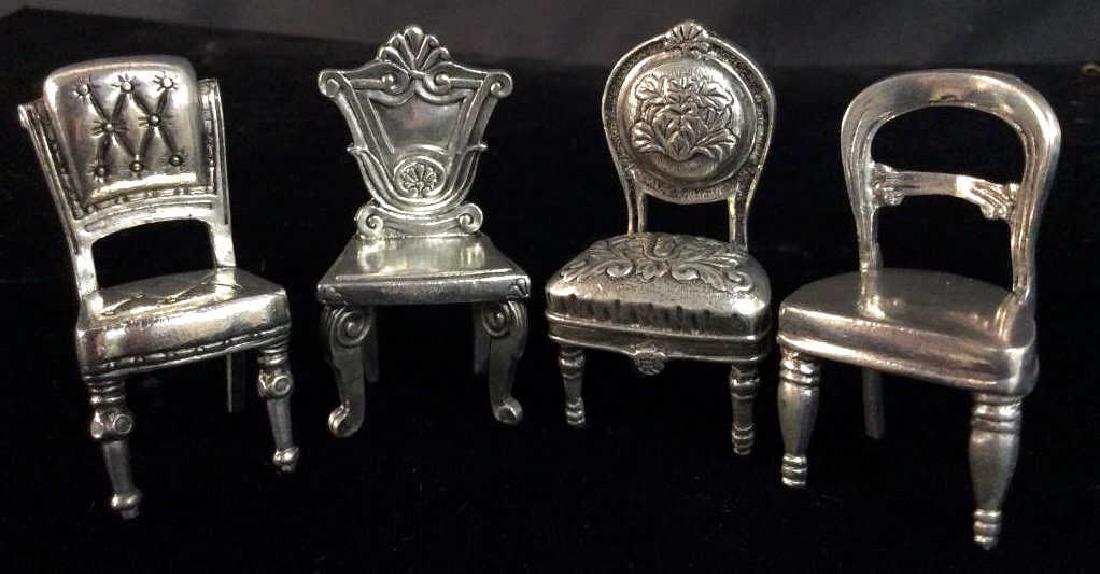 Pewter place Card Holders, Miniature Chairs: Set 8 Decorative place card holders in form of Victorian Style Chairs, Decorative Tableware, Table spread accessories, party decor, Marked on underside for Pewter upo 1996. Measures approx 2 in tall.