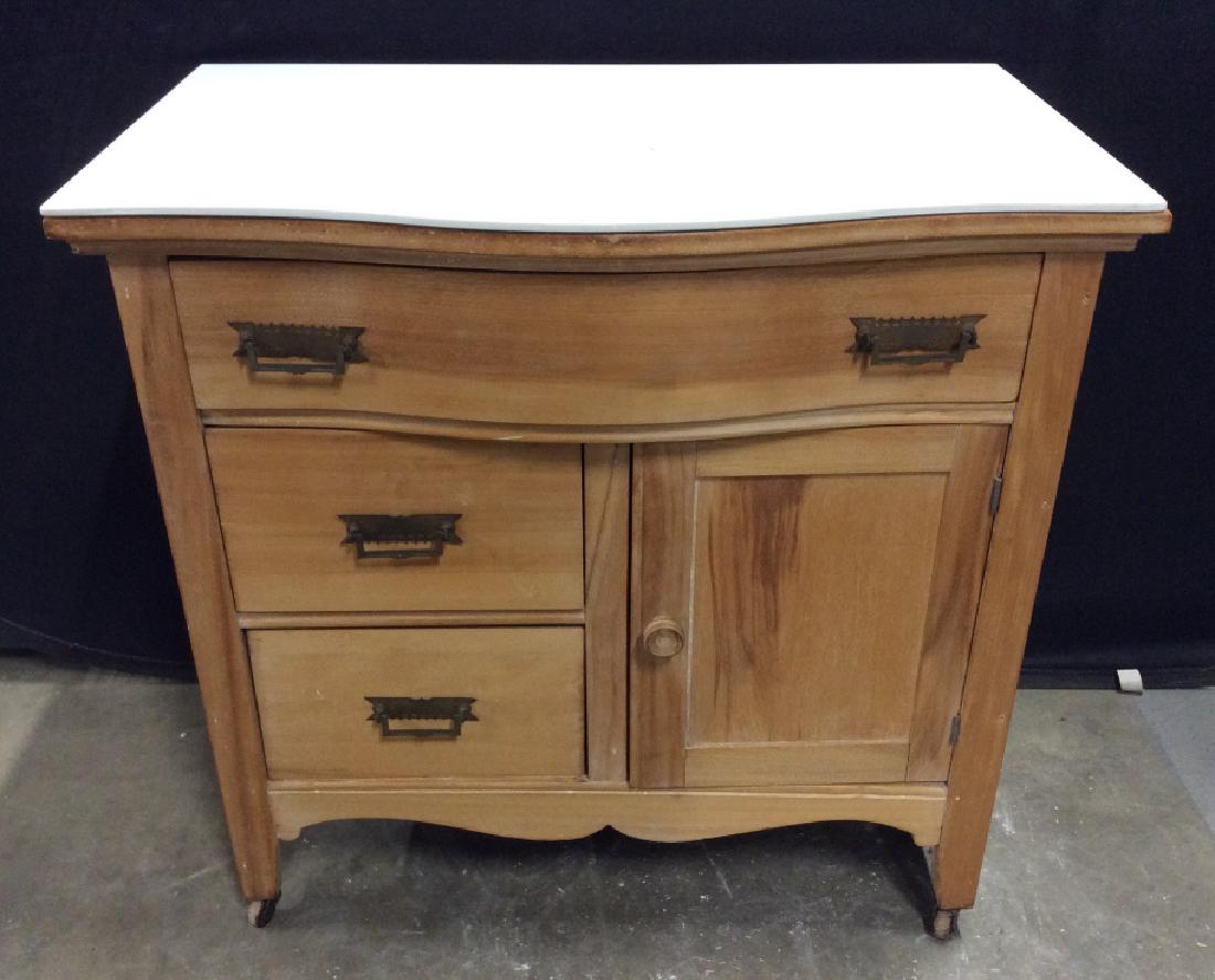 Vintage Marble Top 3 Drawer Cabinet: Vintage Marble Topped 3 Drawer Cabinet, scrubbed wood with white tone stone top. Some minor surface wear on stone top. Measures approx 31 inches in height by 31.25 inches in width by 17 inches in dept