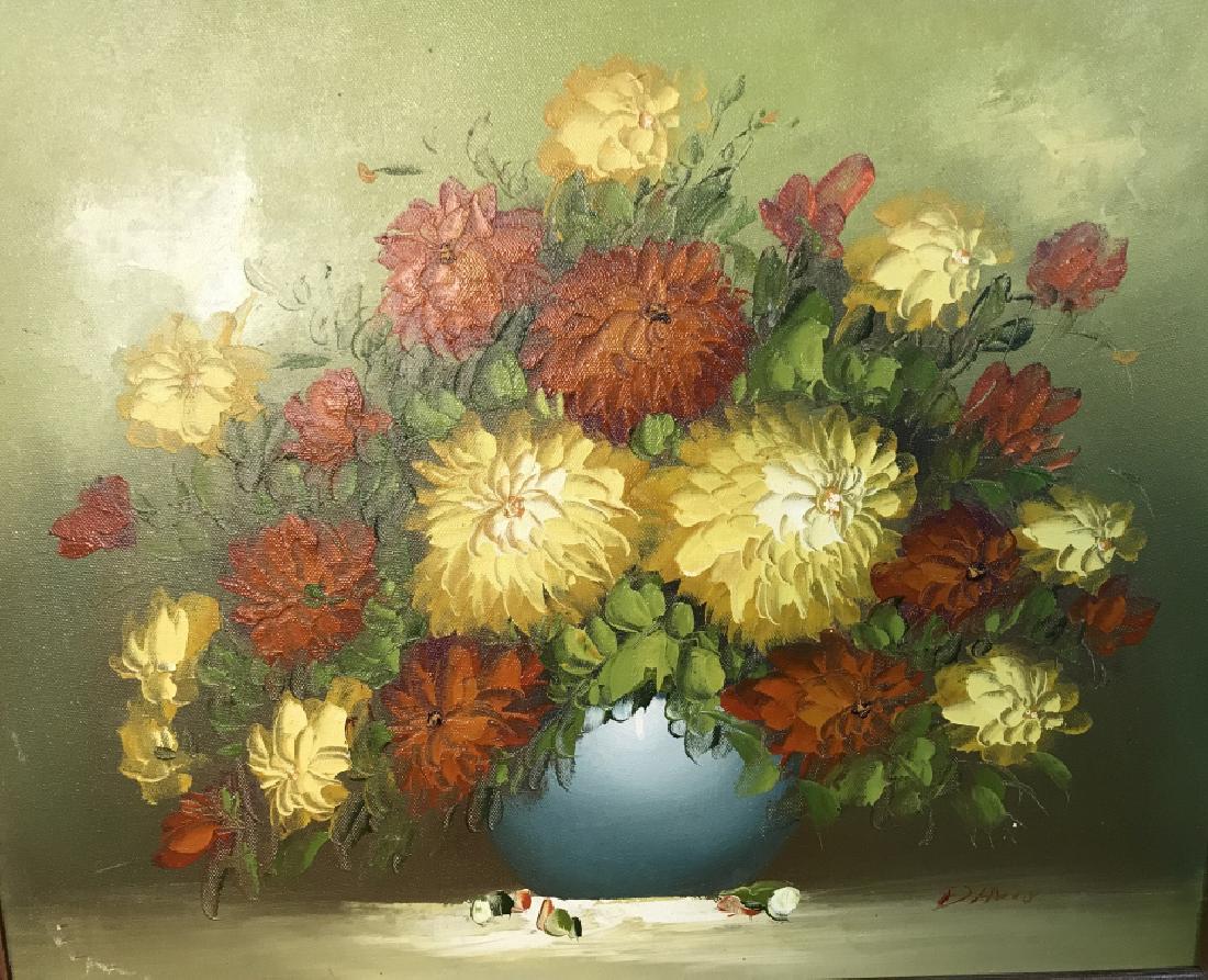 Signed Framed Oil On Canvas Still Life W Flowers: Signed Framed Oil On Canvas Still Life W Flowers In brown toned wooden frame, Signed Davis in lower right corner, some nicks to wood, measures approximately 28 inches wide x 24 inches tall. Oil Painti
