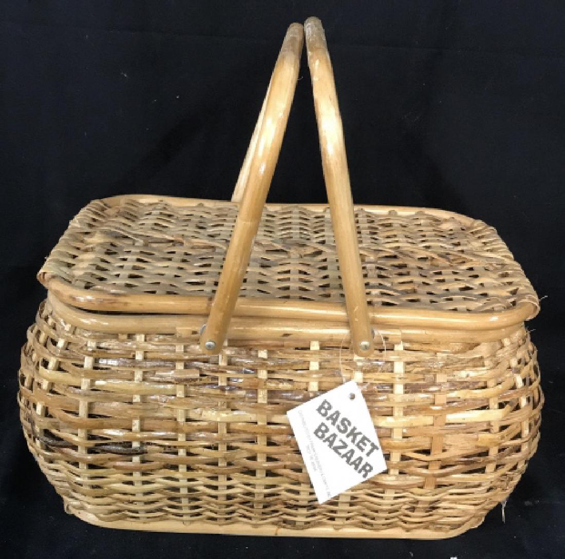 Vintage Basket Bazaar Lidded Picnic Basket: Woven two Handled basket, measures ht to handles app 15 inches length app 16 inches, with tag, basket, picnic accessory, up cycle planter, magazine bin, home accent
