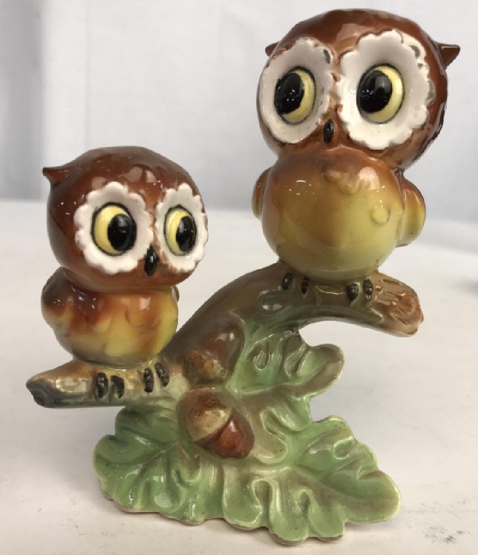 Norcrest Porcelain Owl Salt Pepper Shaker: Collectible porcelain shakers, table ware, owl on branches, label underside made in Japan, Nor rest, measures ht 5 inches, width app 4 inches,
