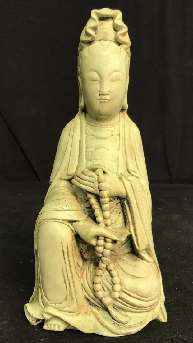 Green Polished Over glazed Buddha Figural: Asian sculptural possibly ceramic or plaster with thick smooth finish green glaze overlay, Asian arts and crafts, Asian decorative arts, orientalist measures ht app 13 inches, width 6 inches depth 5 i