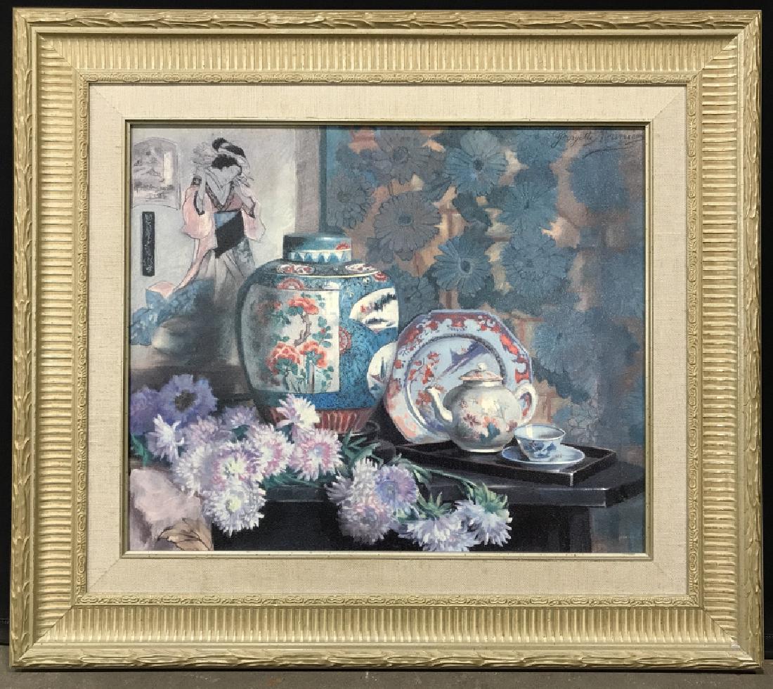 Framed Crystex Print on Board, Still Life: Framed Crystex Print on Board, depicting Asian ginger jars still life. Signed in print, possibly reads Georgette Meuriex. Print has crystex coating, which provides a textured finish so images do not r