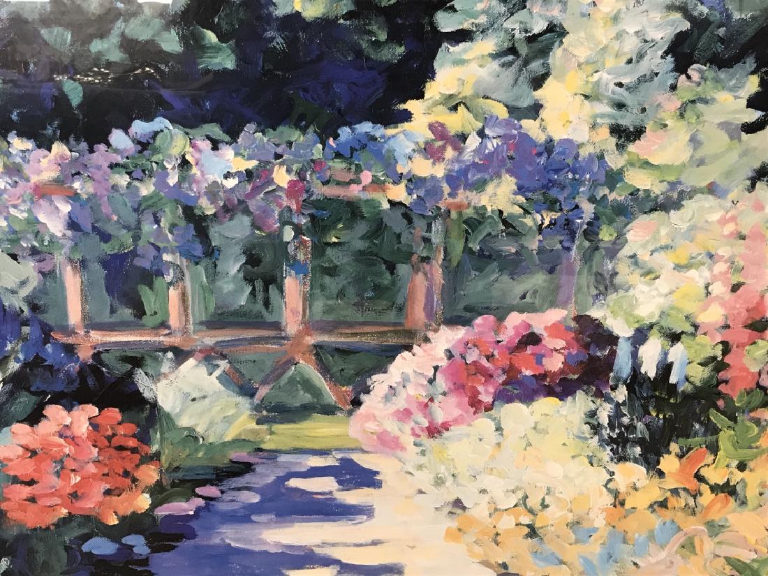 Framed Nell REVEL-SMITH Poster, Garden Scene: Framed Nell REVEL-SMITH poster print of garden scene titled ‘Pathway.’. Signature in print in lower right corner. Poster is triple matted and set behind glass in wood frame. Measures approx 46.25 