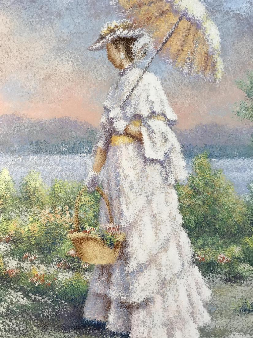 Oversized Signed Oil on Canvas in style of Monet: Oversized Signed oil painting on Canvas, depicting Victorian woman painted in impressionist style. Painting In style of Monet. Signed LATOUR in lower right corner. Canvas is set in carved wood frame.