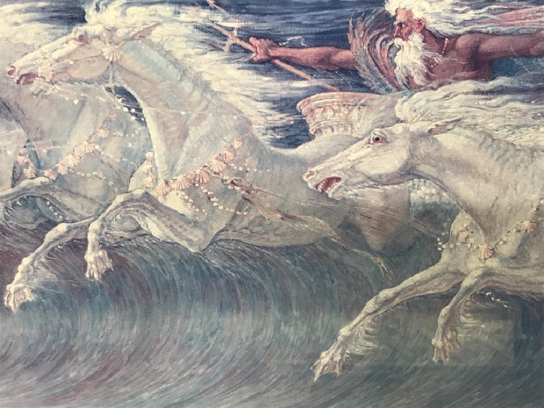 Framed Walter CRANE ‘Neptune’s Horses’ Print: Framed print of Walter Crane’s ‘Neptune’s Horses,’ depicting horses emerging from waves as Neptune rides above. Signature in print in lower left corner. Appears to be imperfection in print in