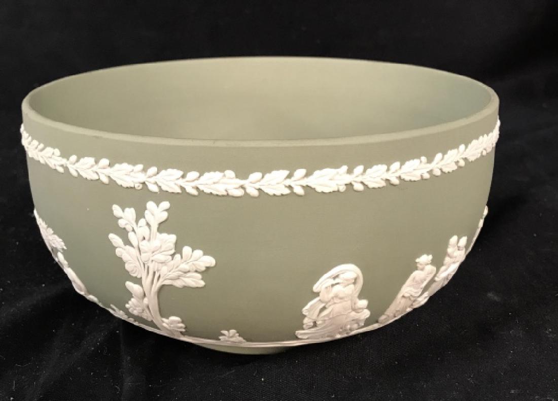 WEDGWOOD Bisque Porcelain Bowl: Green base with white relief of figures in garden setting, made in England, marked u deride,tableware, decorative arts, bowl. Vessel, display piece, measures app ht 4 inches, diameter app 8 inches