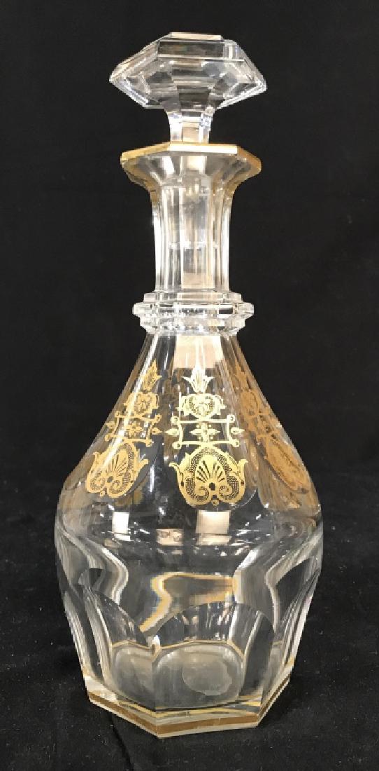 Vintage Gold Crystal Baccarat Decanter: Signed for Baccarat, Made In France, Vintage decanter, Gold Painted accents faceted base and sides, matching stopper, French Crystal Bar ware, Tableware, Decorative Arts, ht 12 inches diameter app 6 i