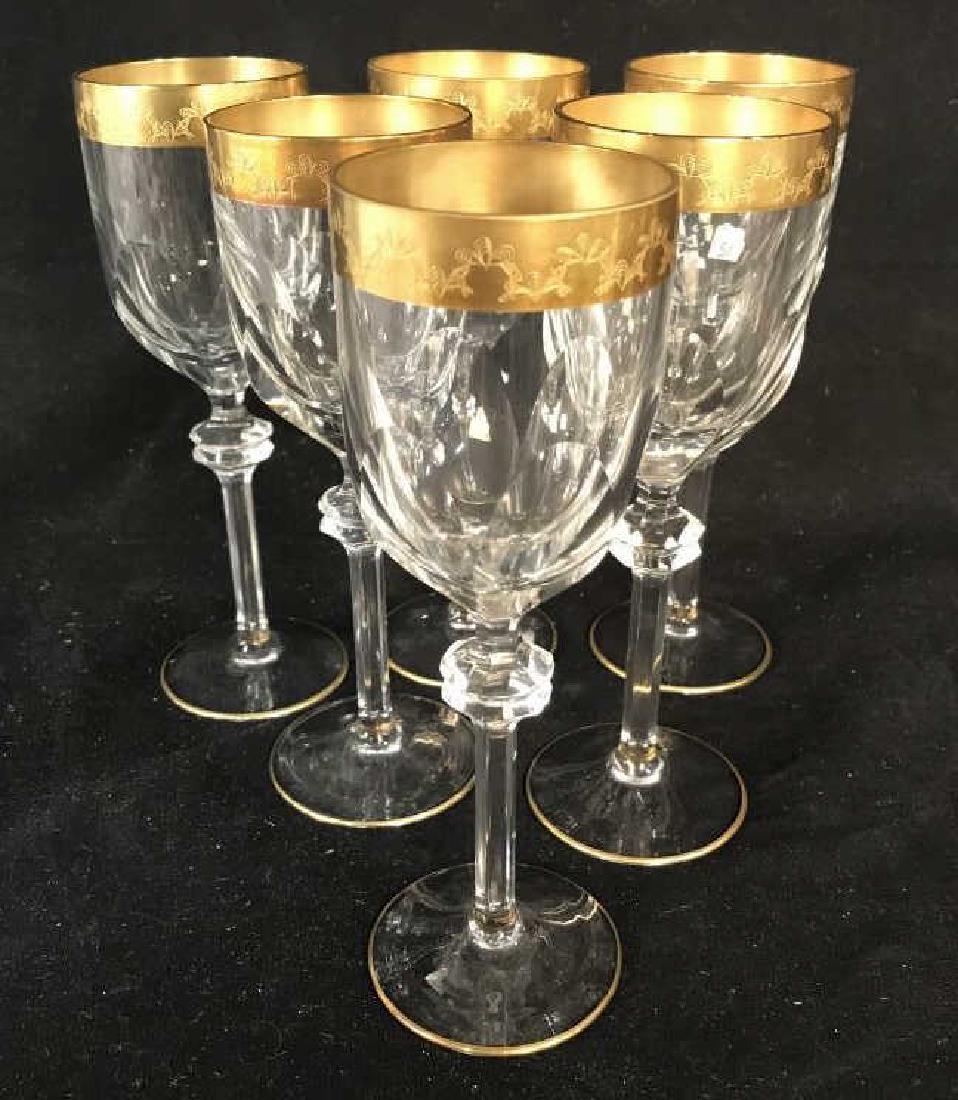 Set 6 Gold Rimmed Crystal Stemware: In the style of Baccarat wide gold rim to Cut Crystal Stemware, Wine Glasses, goblets, tableware, stemware, glasses, each Measures ht app 8 inches,