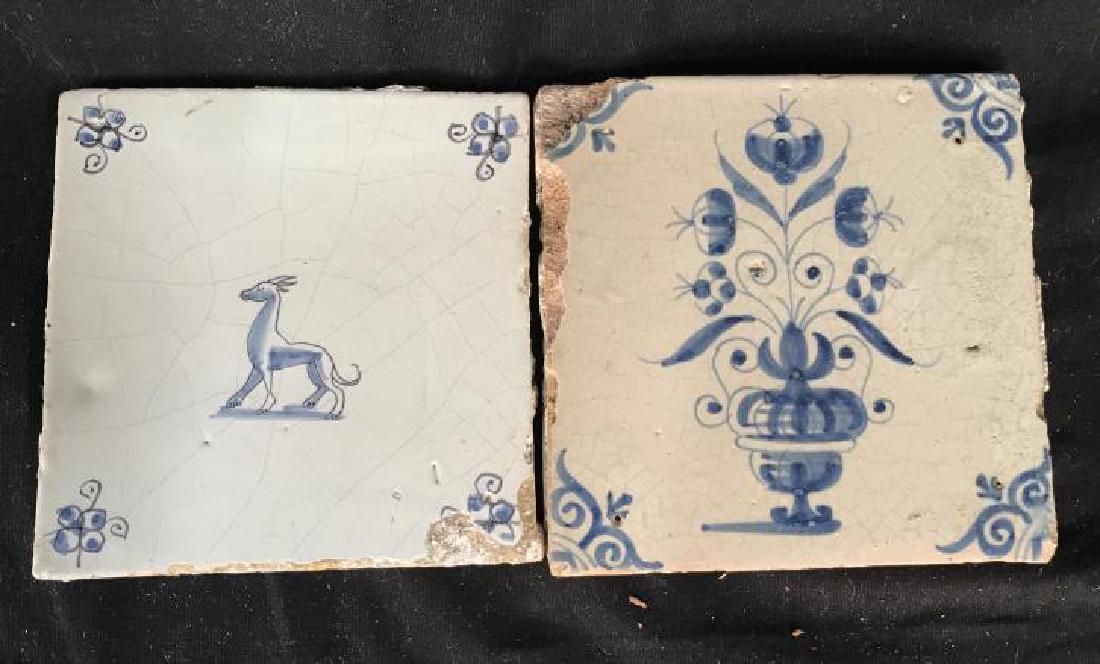 Pair Early Painted Dutch Ceramic Tiles: Possibly 18 th Century, Blue And cream toned glazed tiles, decorative arts, Dutch arts and crafts, antique ceramics, one with flowers in vase one with deer Figural each Measures app 5 inches square, e