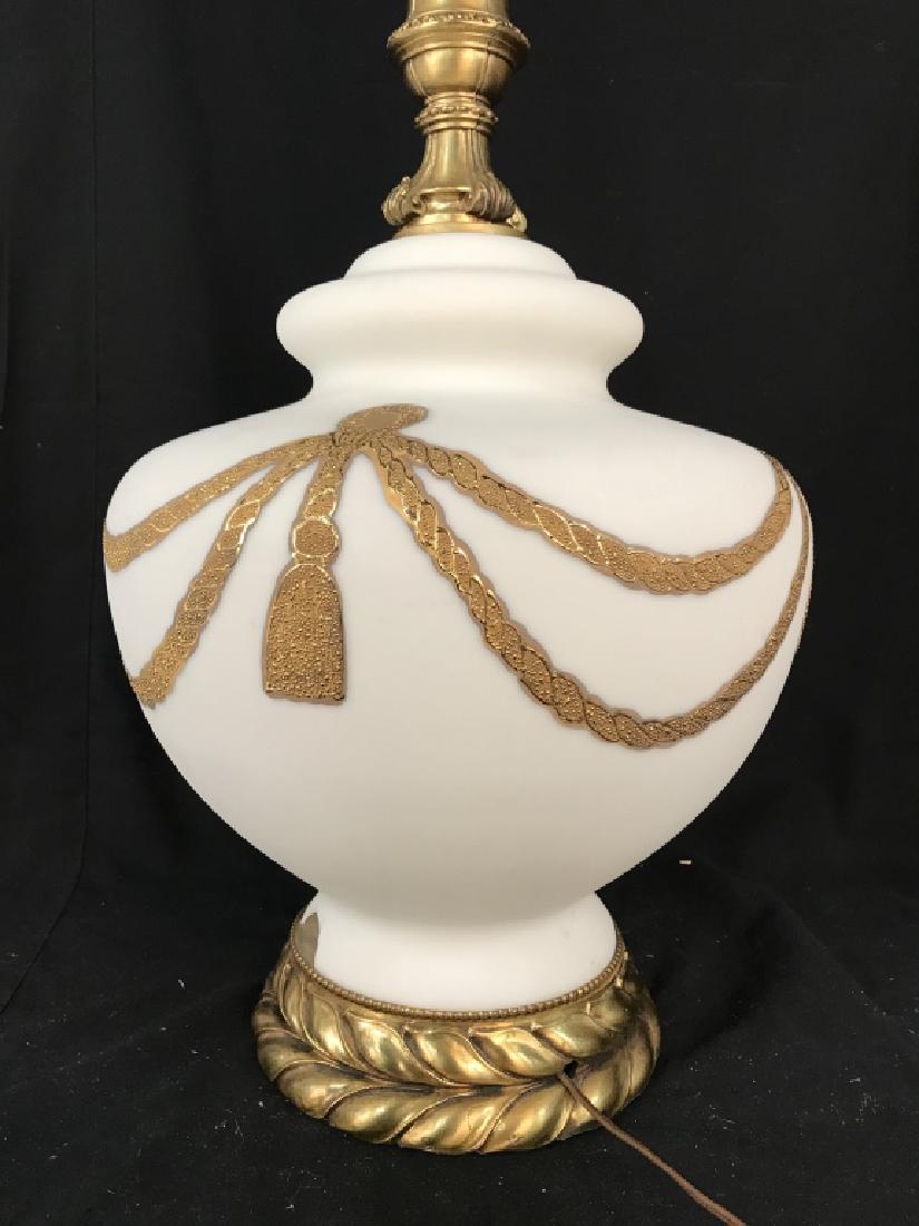 White Opaque Glass Lamp W Gold Paint: Gold painted drapery chord accents raised on white opaque glass brass vine base and brass top with coordinating swag design, lamp, lighting, decorative accessory measures ht to finial 38 inches diamet
