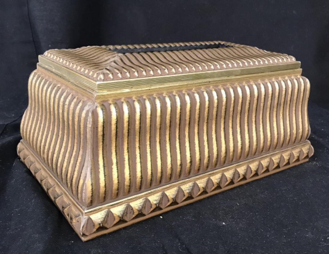 Jerry Hickman Signed Wood Painted Box: Signed underside and dated July 10 2003, tissue box, decorative accessory, bath accessory, also labeled for Razzle Dazzle Decor, Measures ht 7 inches base app 13 by 7.5 inches
