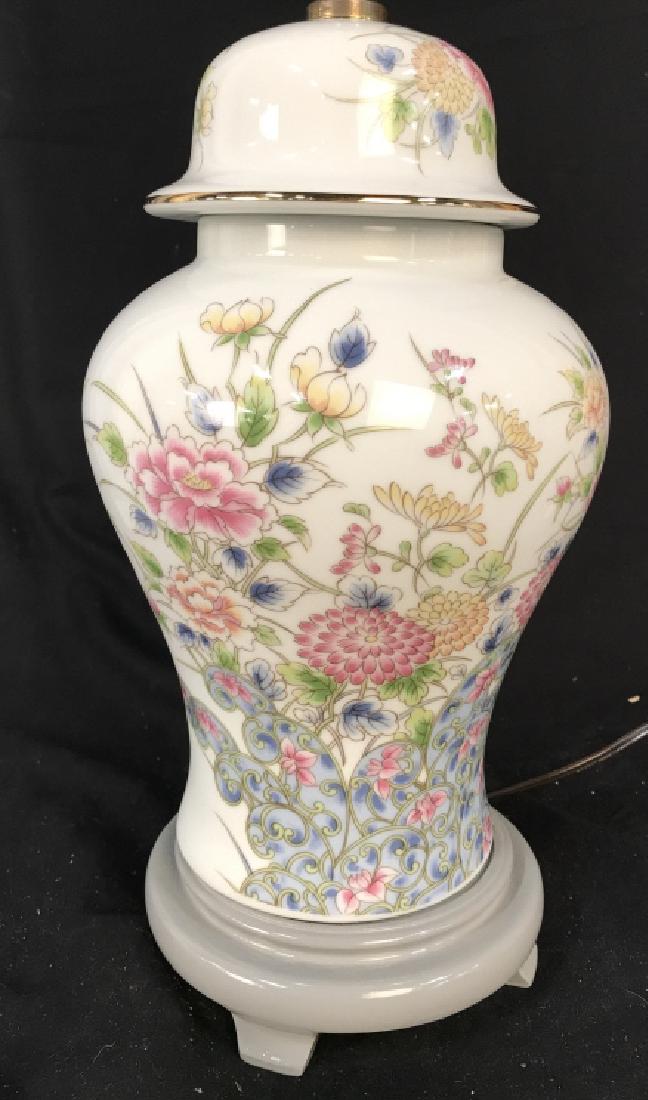 White Porcelain Ginger Jar Lamp: Asian Porcelain Lamp White undertone Painted Floral And garden scenes, grey wood base, ht to finial app 25 inches diameter app 8 inches, Asian decorative accessories