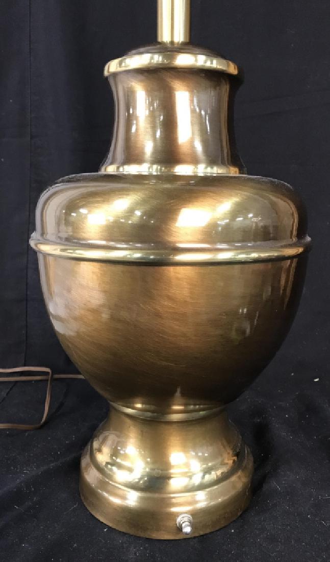 Brass and Lacquered Brass Lamp: Gold brass toned metal lamp, lighting, measures ht to finial app 31 inches diameter app 11 inches