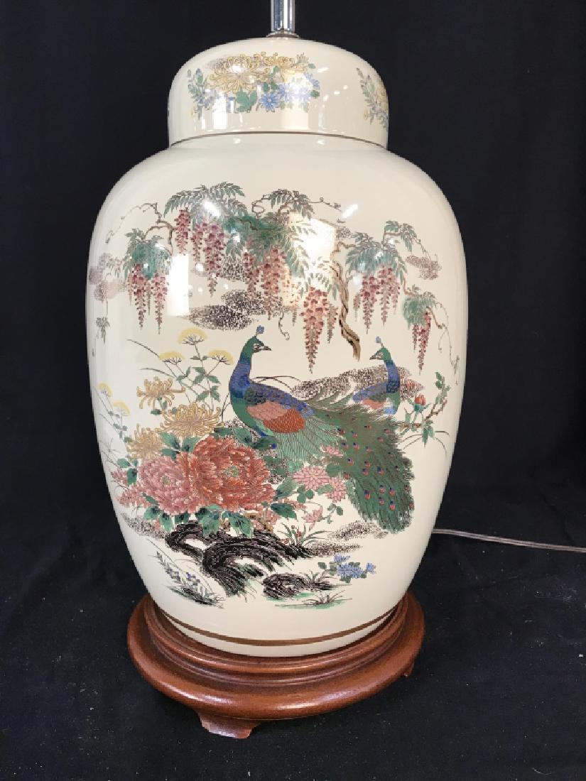 Peacock Design Asian Porcelain Lamp: Asian Porcelain Lamp With Painted peacocks, Garden Scene, Ginger Jar Shape, Asian Arts And Crafts, chinoiserie, Asian Decorative Accessories, ht to finial app 29 inches, no invalid, lamp sits on wood 