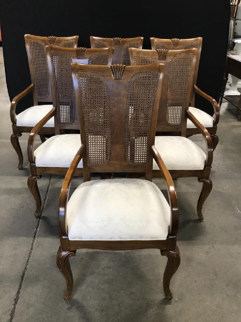 Set 6 Carved Wooden Arm Chairs W Caned Backs: Set 6 Carved Wooden Arm Chairs W Caned Backs, Cabriole Front Legs, And Upholstered Seats With welted trim, measures approximately 42 inches tall x 23 inches wide x 26 inches deep, some minor wear to c