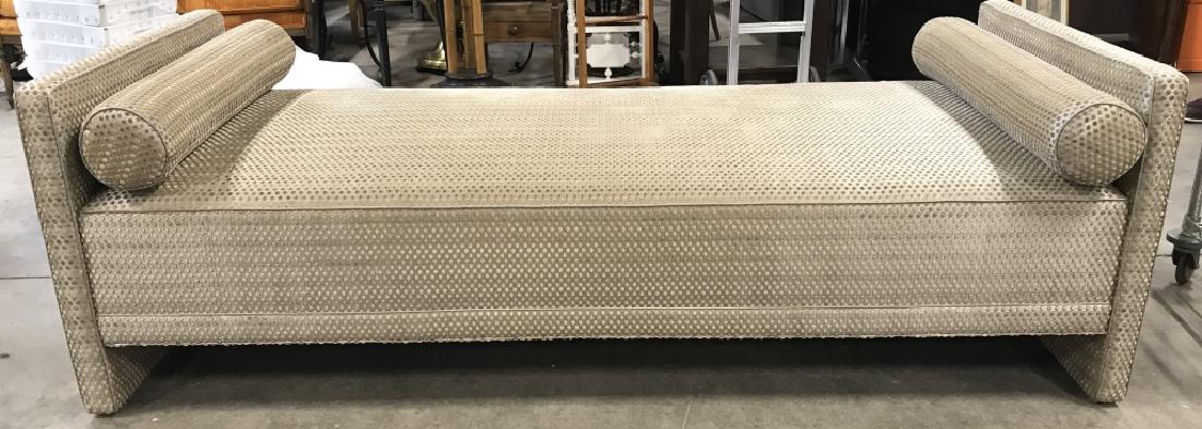 Upholstered Bench W 2 Pillows: Bench is slate toned with dot detail. Contains 2 cylindrical shaped pillows. Measures approx 80 Inches long, 26 inches tall, 34 inches deep. Day bed, bench, seating, home accent, home accessory 6