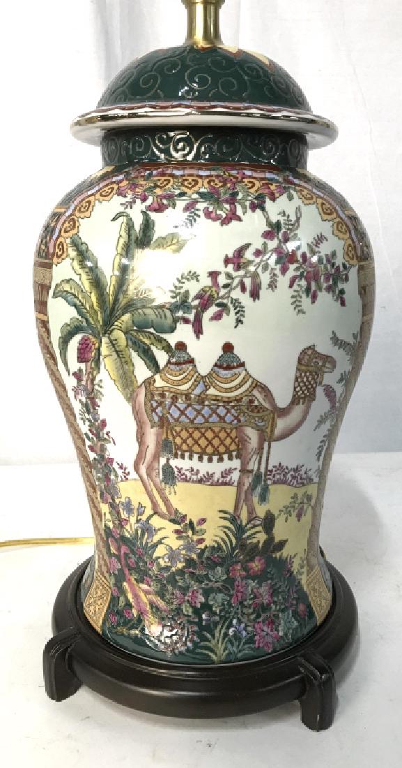 Asian Painted Ceramic Table Lamp W Camel Motif: Asian Painted Ceramic Table Lamp W Camel Motif, includes finial, measures approximately 31 inches tall x 10 inches in diameter, no condition issues noted, not tested. Table Lamp, Chinoiserie, Chinese 