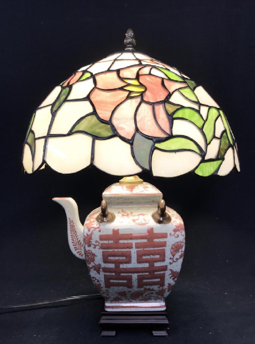 Asian Ceramic Teapot Lamp W Stained Glass Shade Asian: Asian Ceramic Teapot Lamp W Staind Glass Shade, includes finial, measures approximately 17.5 inches tall x 12 inches in diameter, in working order. Slag Glass Lamp Shade, tiffany style art glass, arts